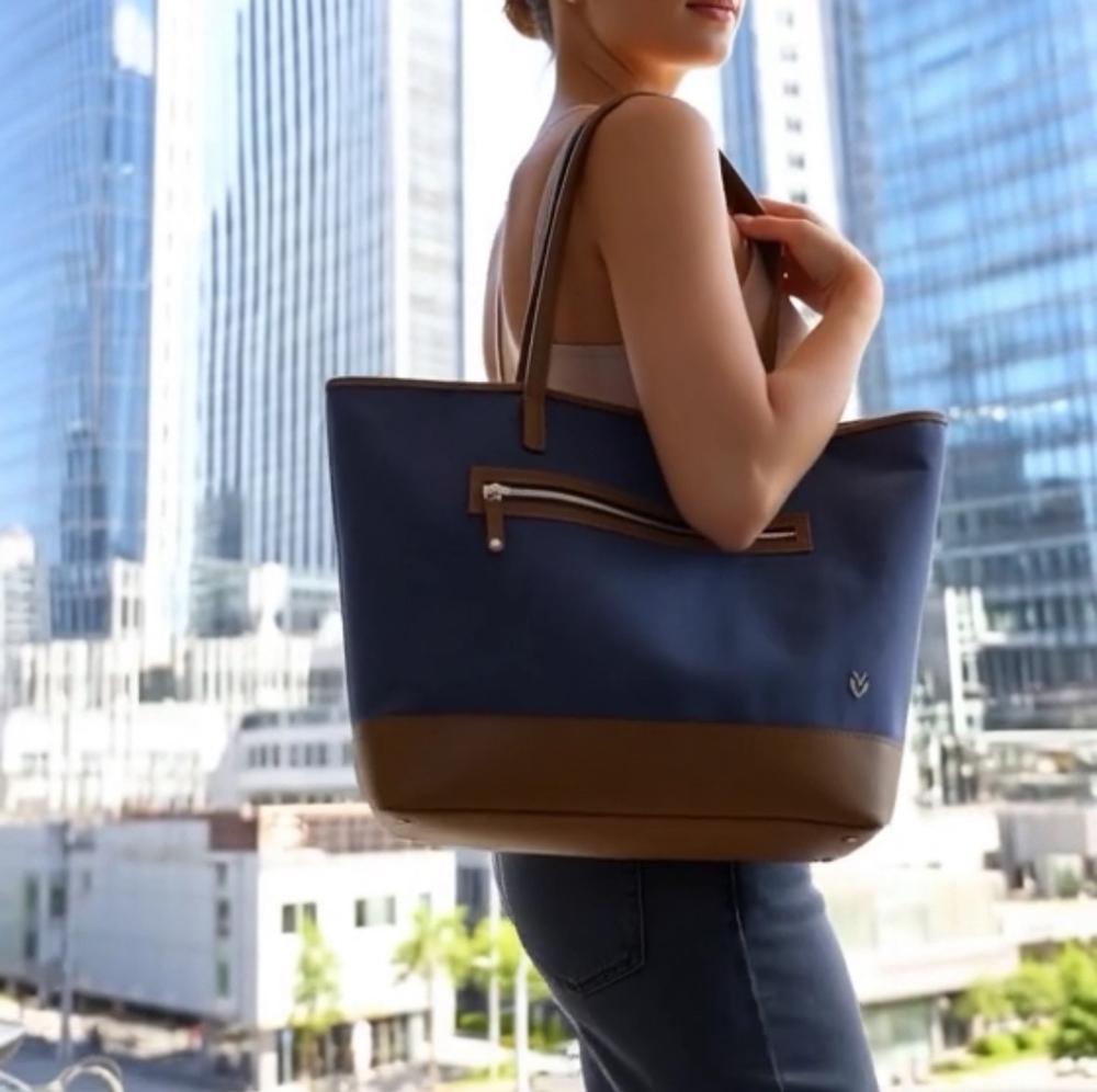 VESSEL Brown Blue Denim Canvas Leather Tote Bag Weekend Shoulder Zip Very Good